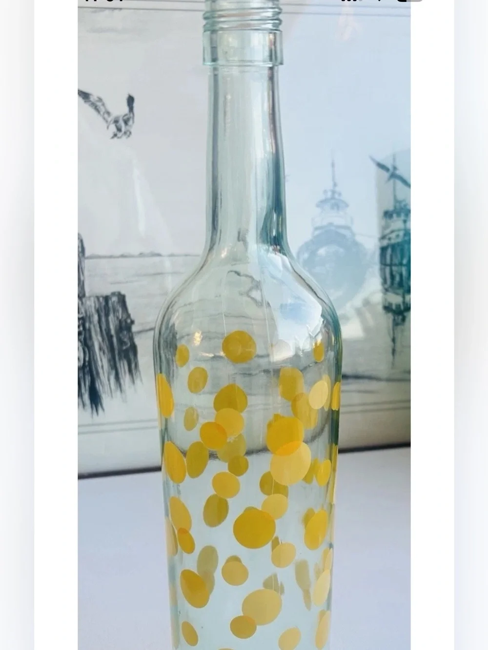 Vintage Mod Dot Yellow Polka Dot Blue Tinted Wine Bottle 750ml 12.5” MCM Italy